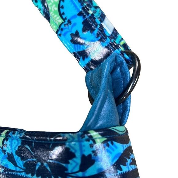 Women’s Blue funky fun vinyl Floral handmade Print Shoulder Bag Size Medium - Picture 10 of 15